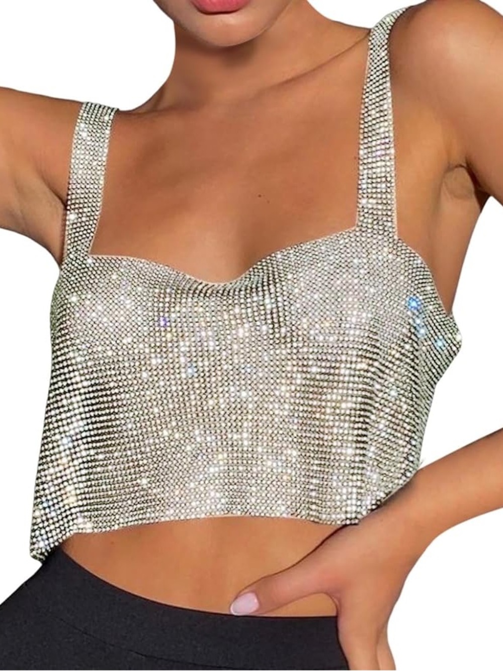 NWT Woven Pink Silver Cowl Neck rhinestone mesh crop top